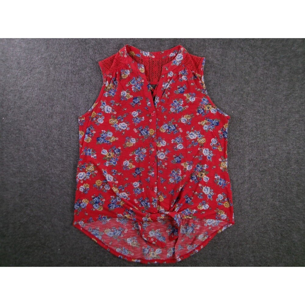 No Boundaries Tank Top Women L Red Floral Button Beachy Casual Summer Resort